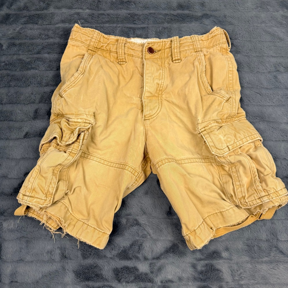 Abercrombie & Fitch Mens Tan Khaki Cargo Shorts Distressed Frayed Cotton Size 30